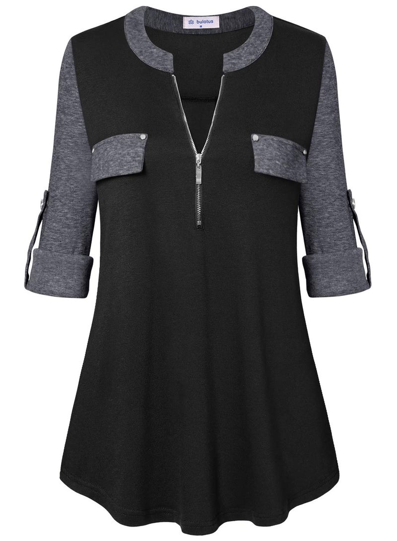 Bulotus 2x Womens Tops Plus Size 3/4 Sleeve Tunics For Leggings (Black Grey Patchwork, XX-Large) - Image 1